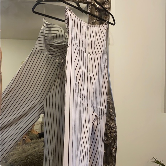 White and Black Striped Strapless Wide Leg Jumper - Picture 5 of 5